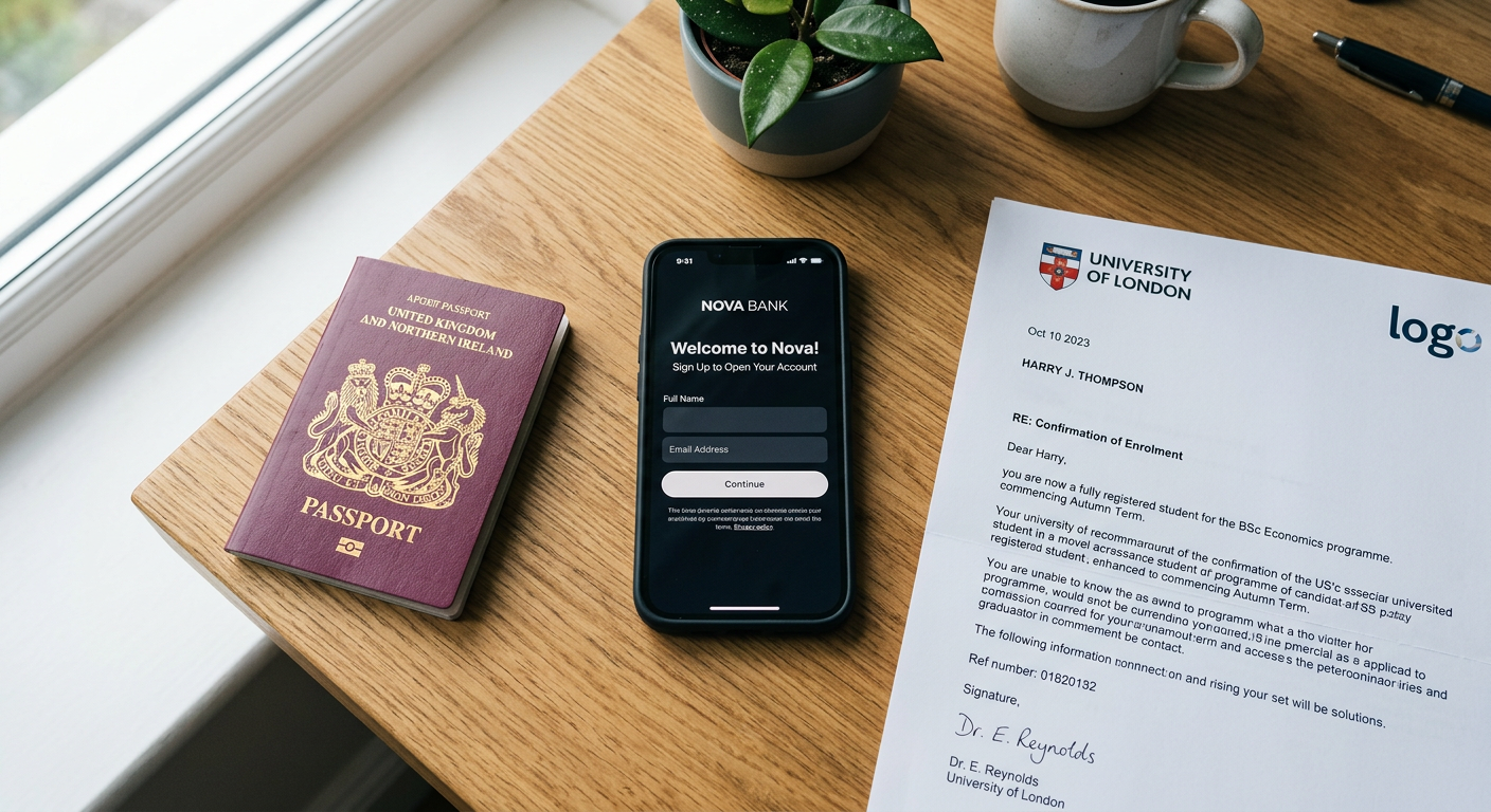 Passport, smartphone showing banking app and university letter on wooden desk