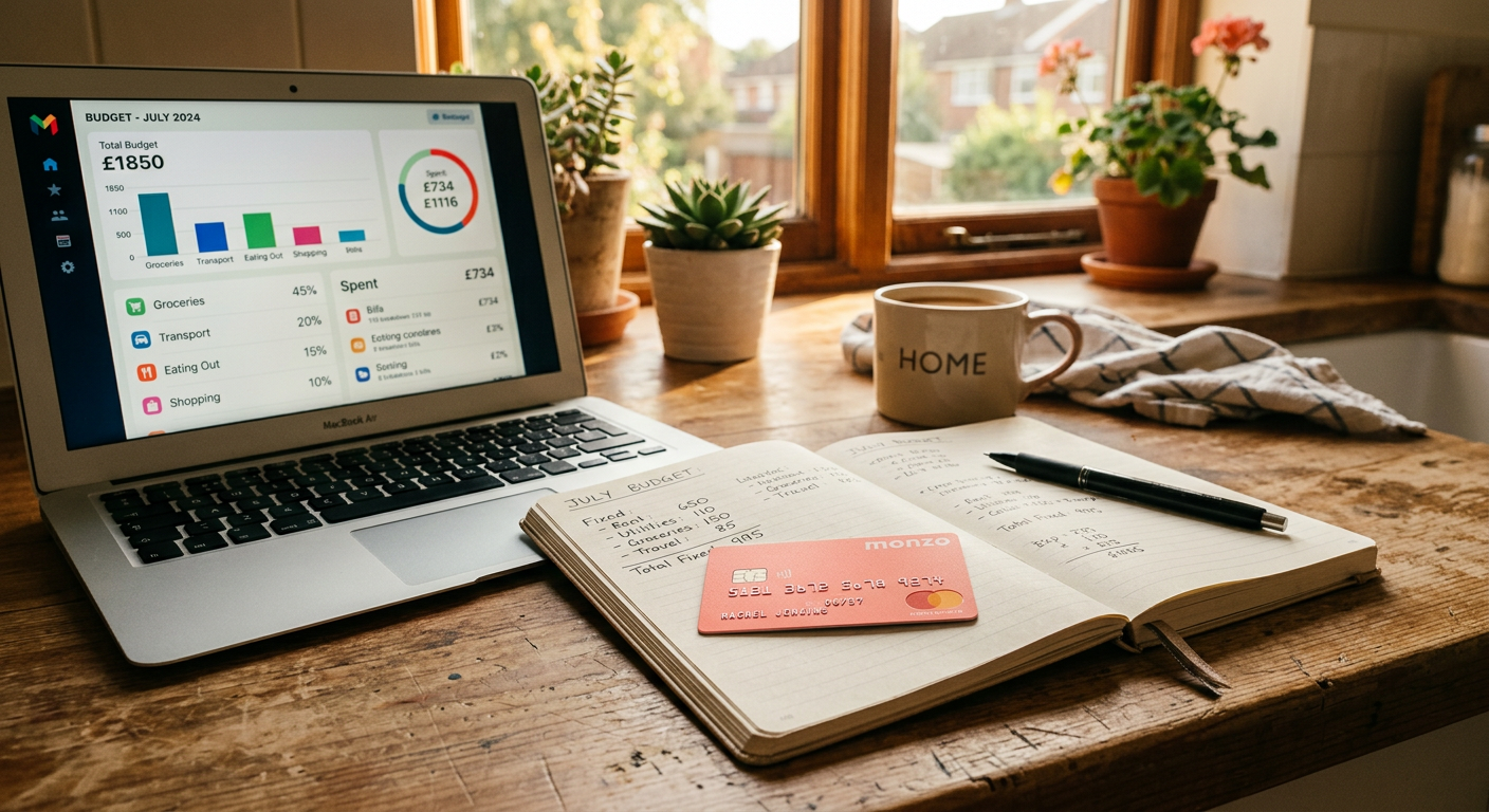 Coral Monzo-style debit card on a notebook beside a budgeting app on a laptop