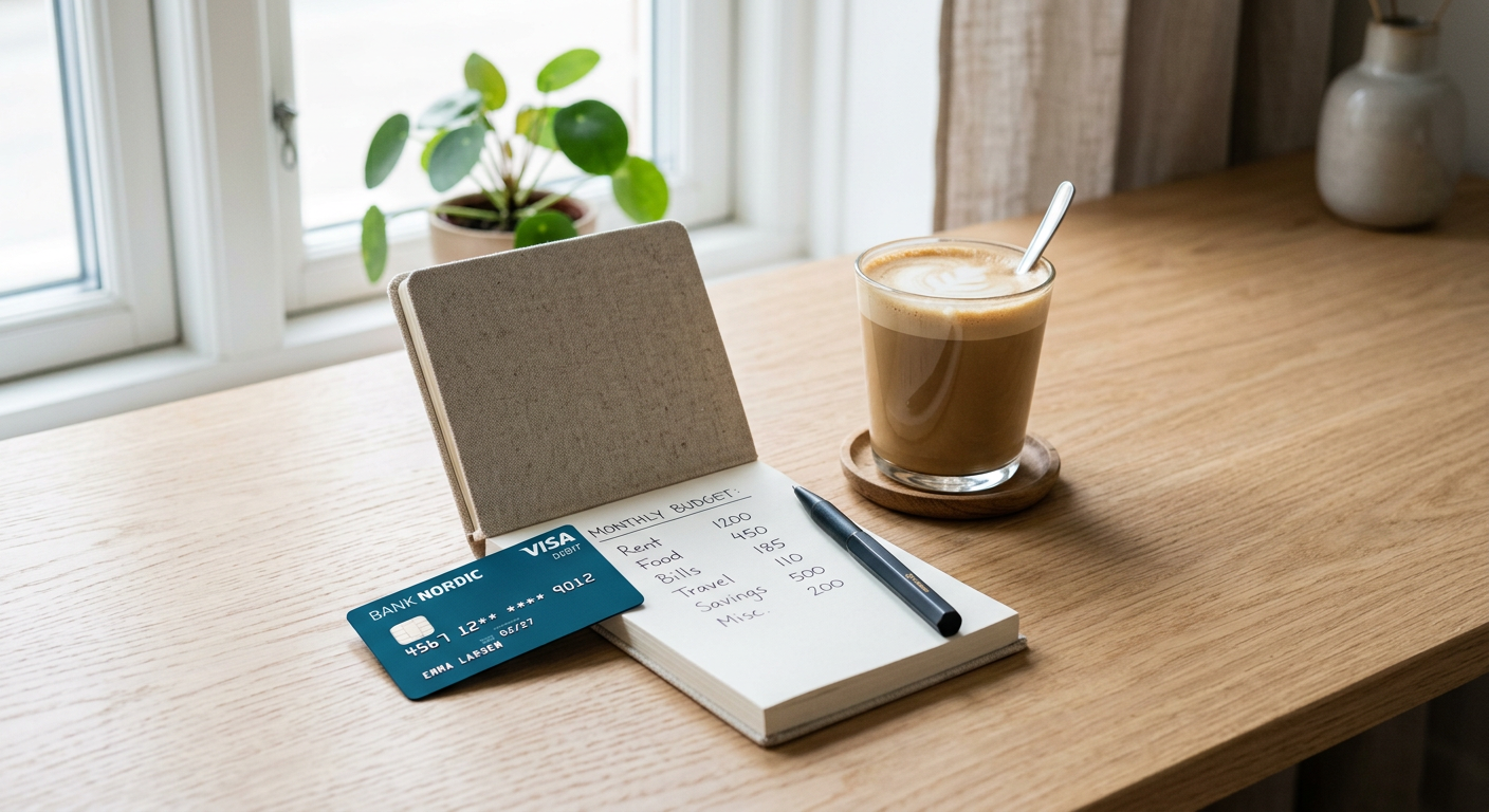 Teal blue debit card with notebook of budget categories on minimalist desk
