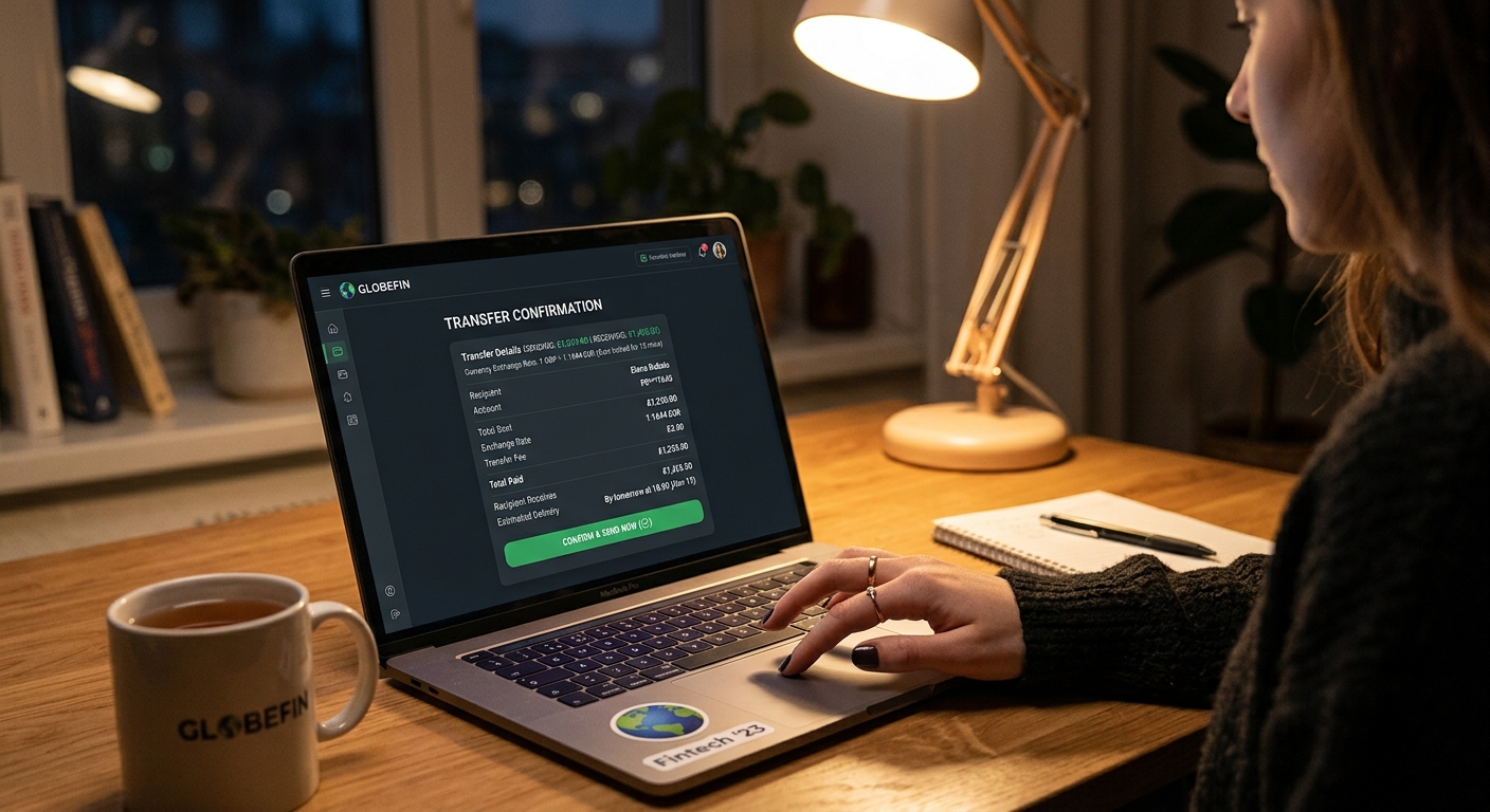 Laptop showing international money transfer confirmation with exchange rate