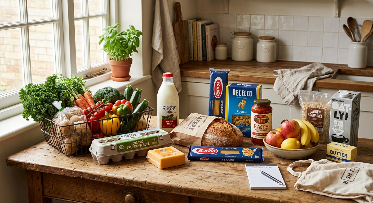 A typical weekly grocery haul for a UK student on a wooden kitchen surface