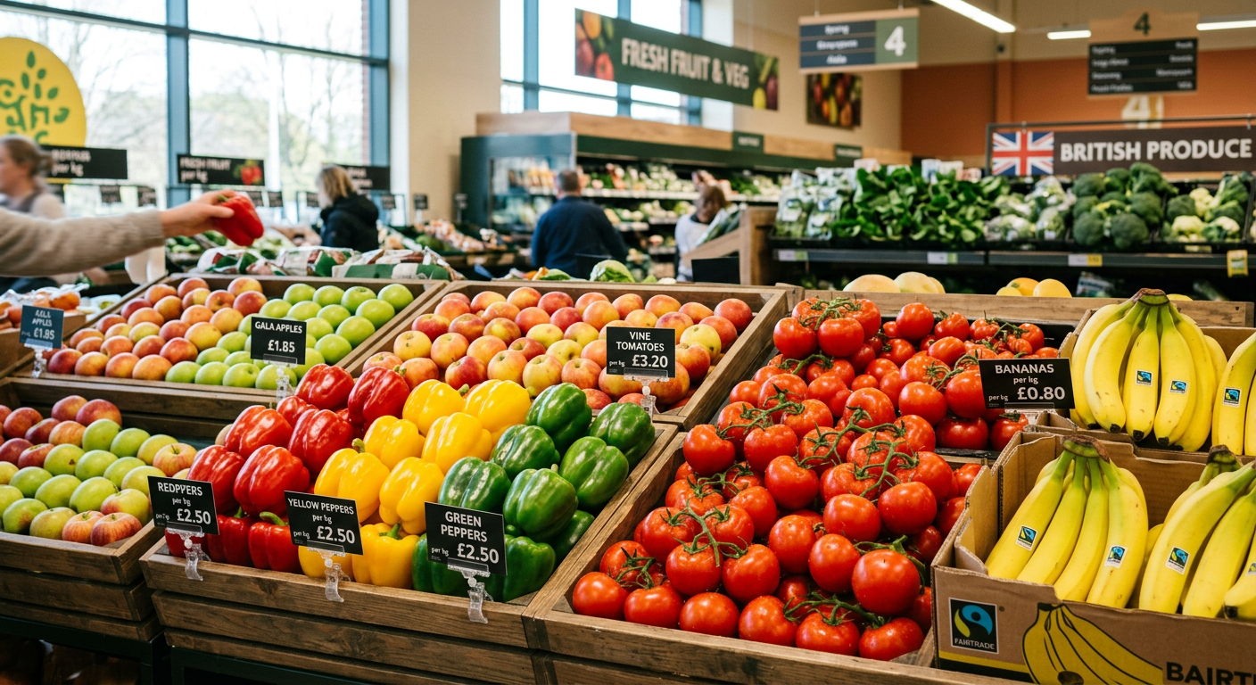 Fresh fruit and vegetables in a UK supermarket produce section