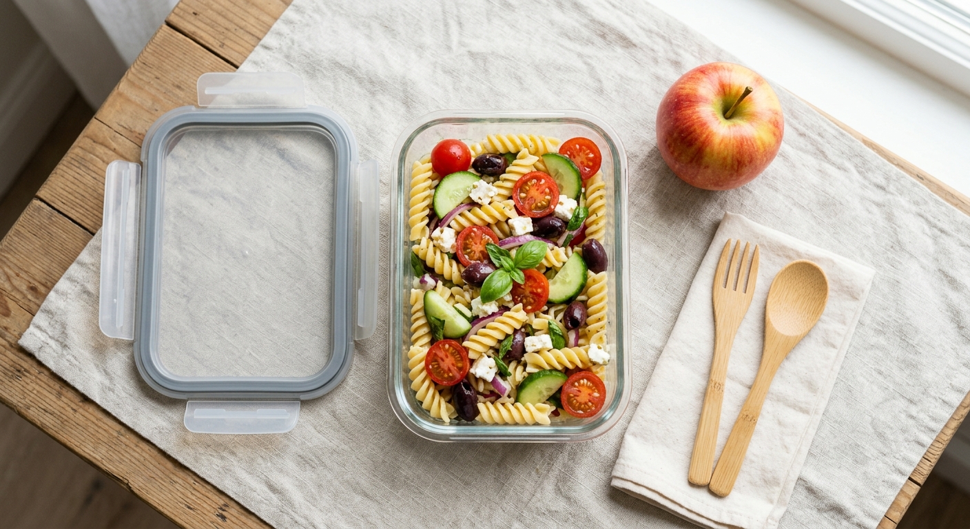 A homemade packed lunch in a glass container ready to take to university