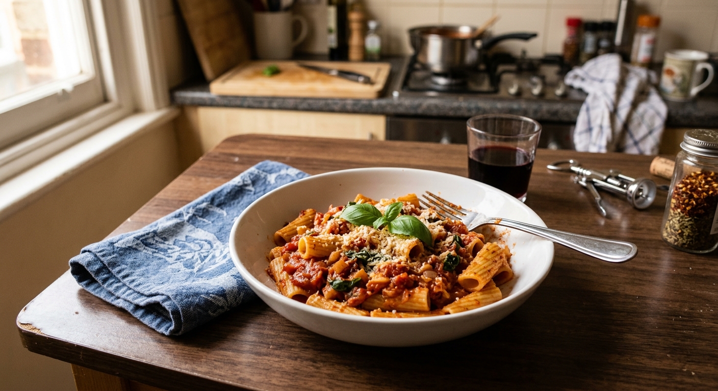 A simple budget-friendly pasta meal in a student kitchen
