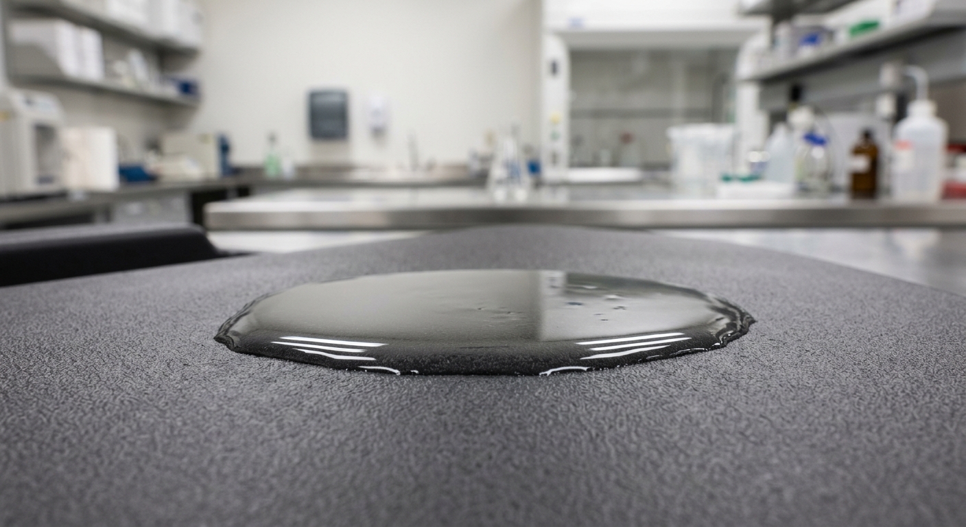 Water contact angle measurement on plasma-treated polypropylene automotive surface showing low contact angle
