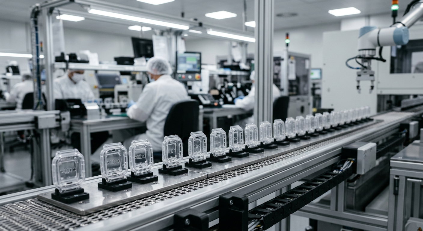 Polycarbonate wearable device housings lined up on a production conveyor awaiting surface treatment