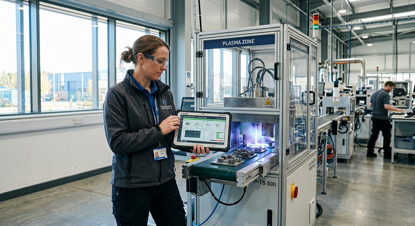 Process engineer reviewing plasma treatment data on a tablet beside the production line