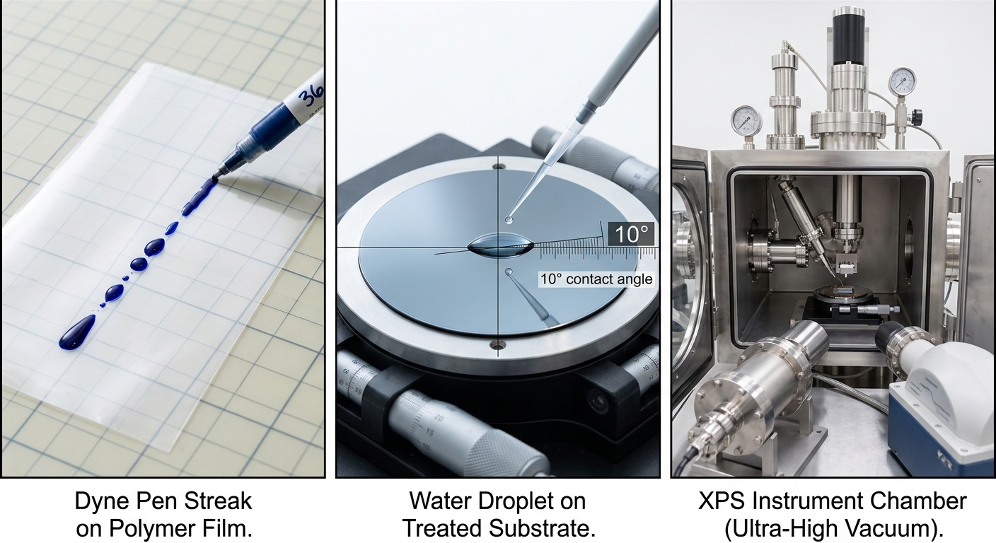 Comparison of dyne ink pen, water contact angle droplet, and XPS analysis equipment