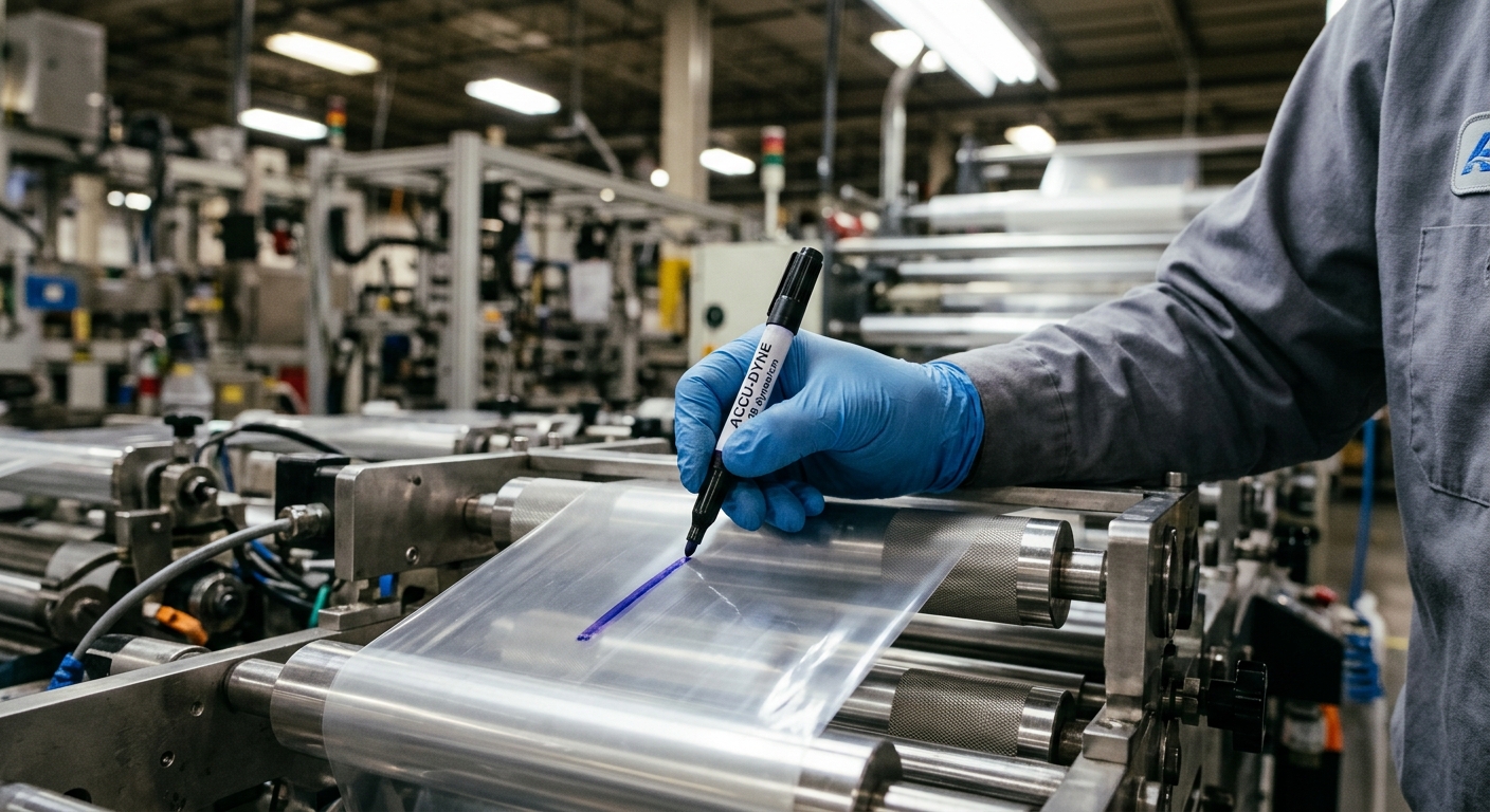 Technician applying dyne test pen to polymer film on production line