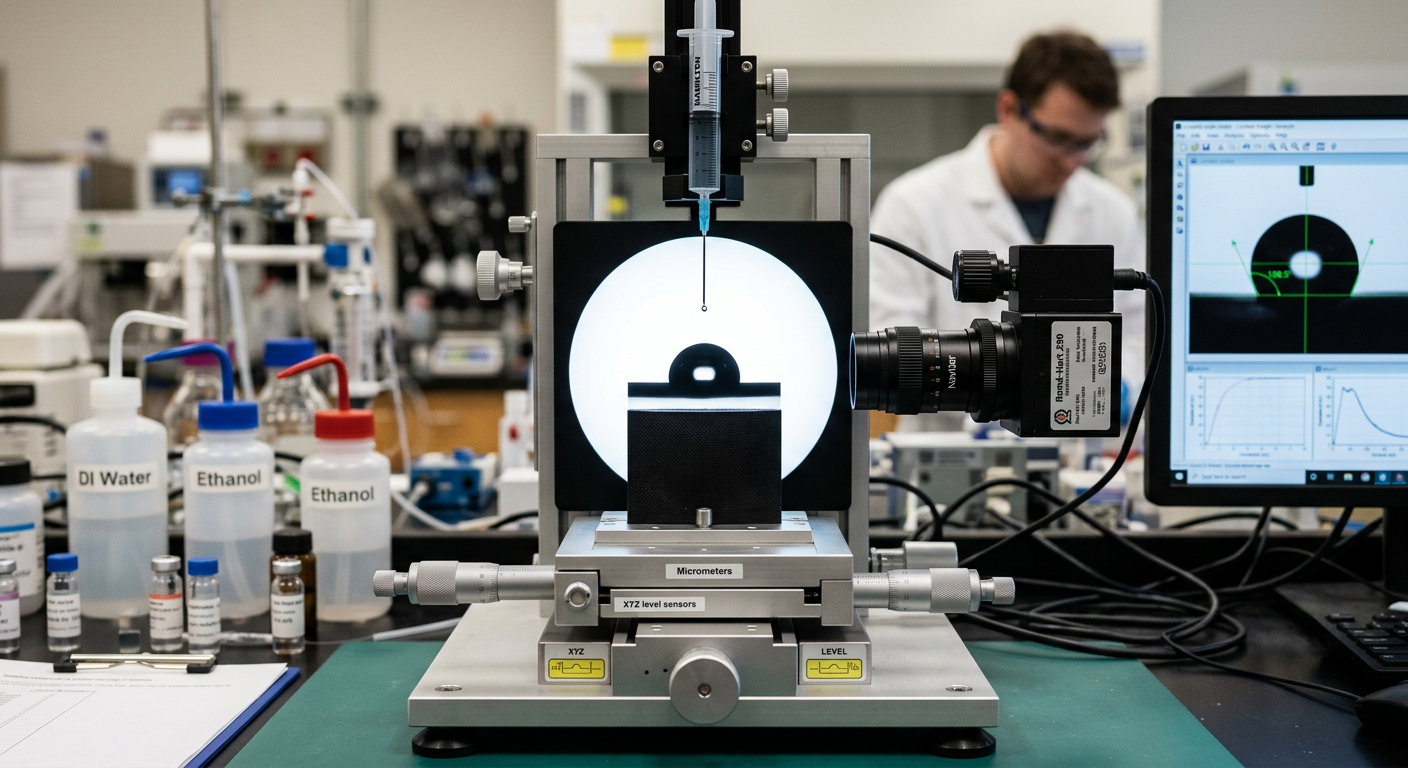 Goniometer measuring water contact angle on polymer surface