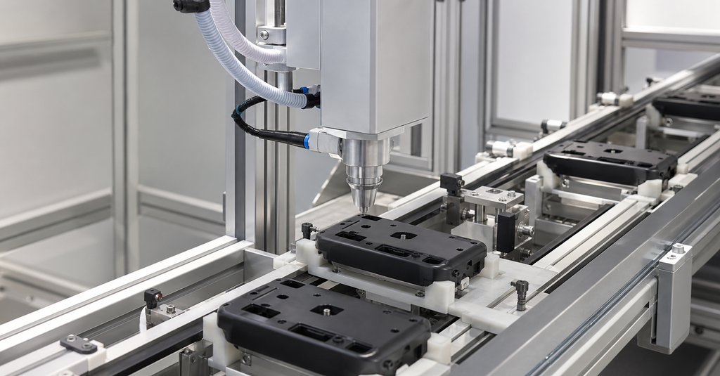 Unbranded automated nozzle positioned over black electronics housings in an empty production cell