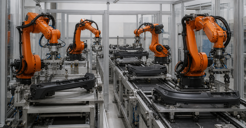Empty automated robot cell processing automotive trim on multiple conveyor fixtures