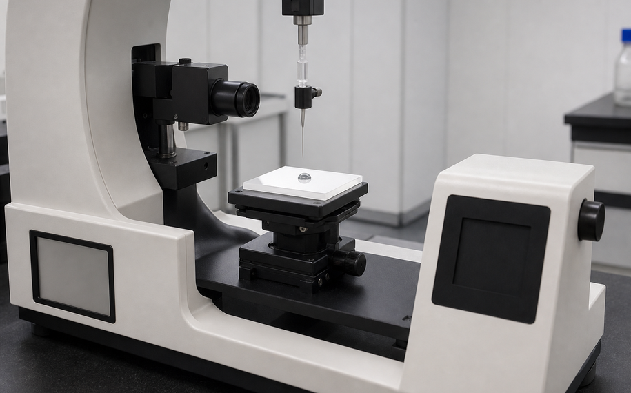 Unbranded automated contact angle goniometer measuring a water droplet on a polymer coupon