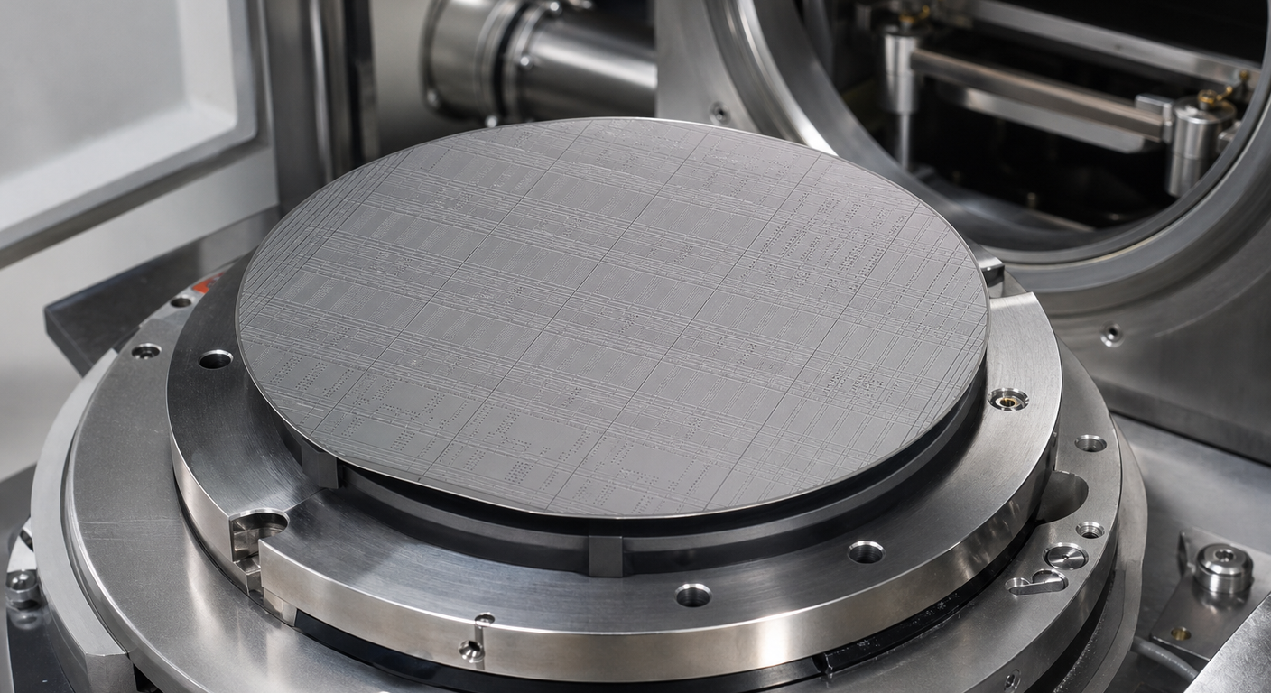 Silicon wafer with etched microstructures resting on an unbranded vacuum-compatible sample chuck