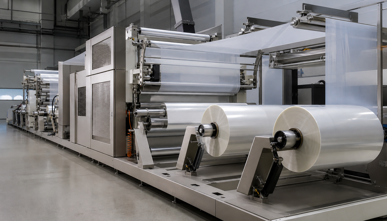 Industrial machine processing transparent film in a factory