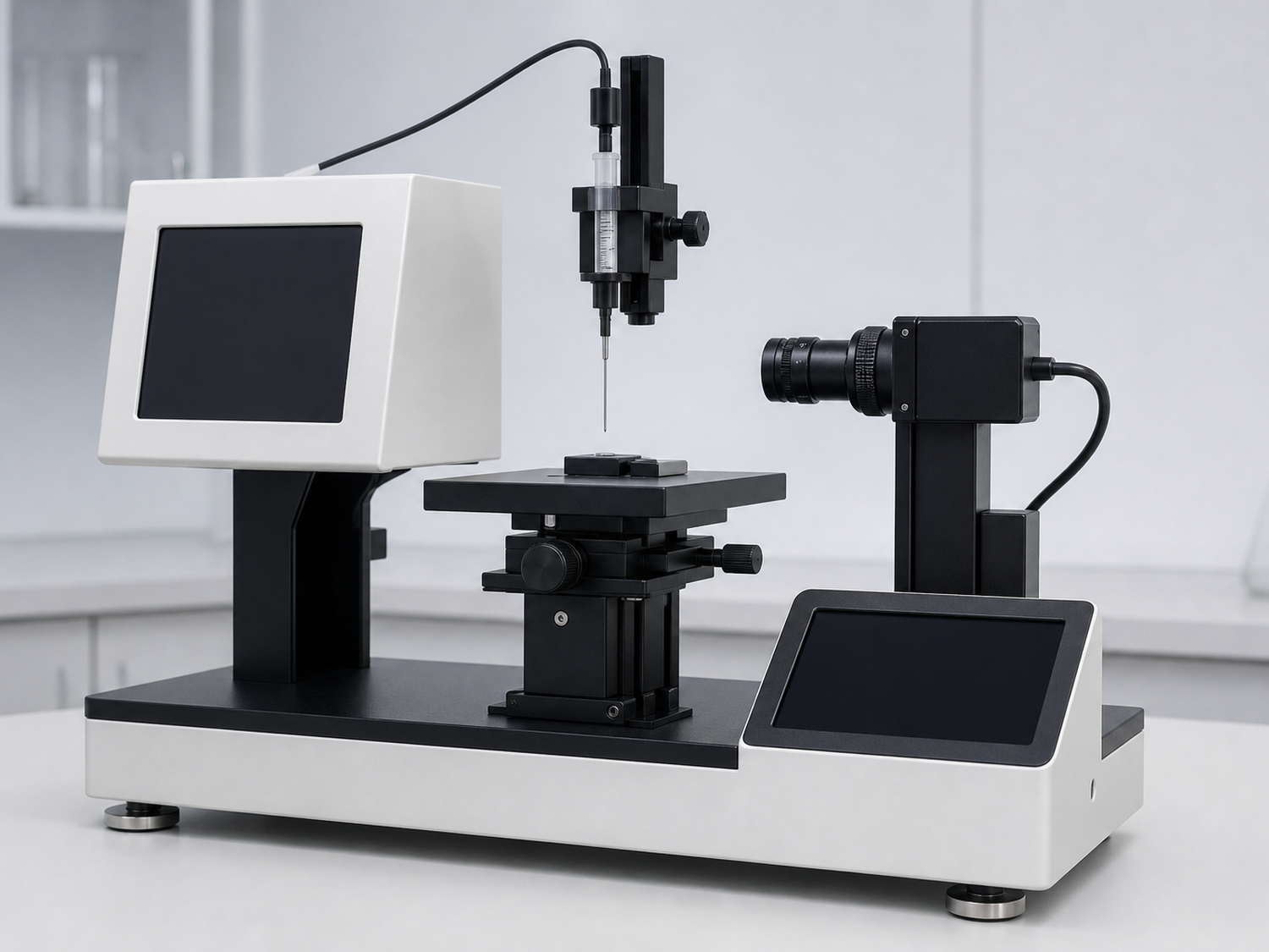 Automated contact angle goniometer with blank display panels on a clean laboratory background