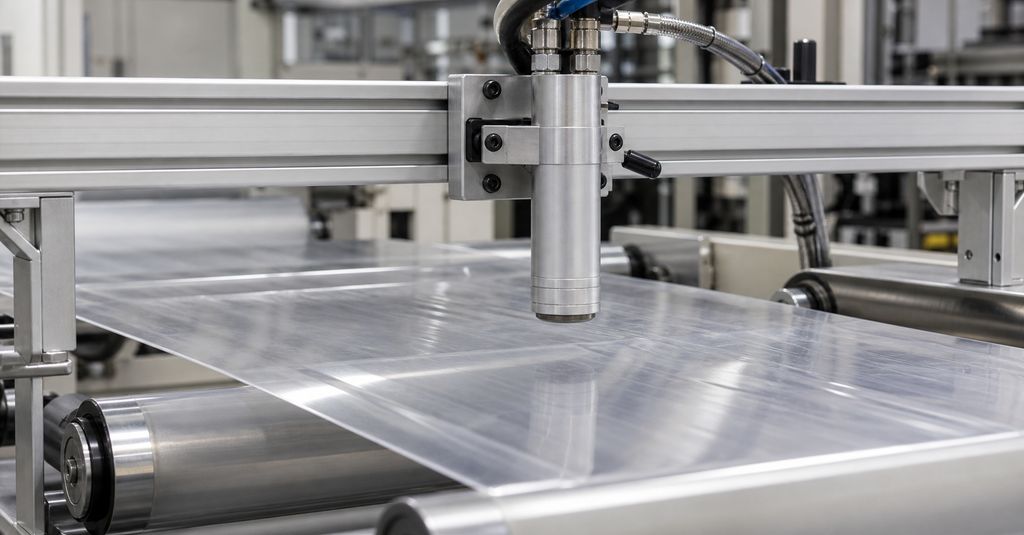 Unbranded atmospheric treatment nozzle positioned above polymer film on an automated conveyor