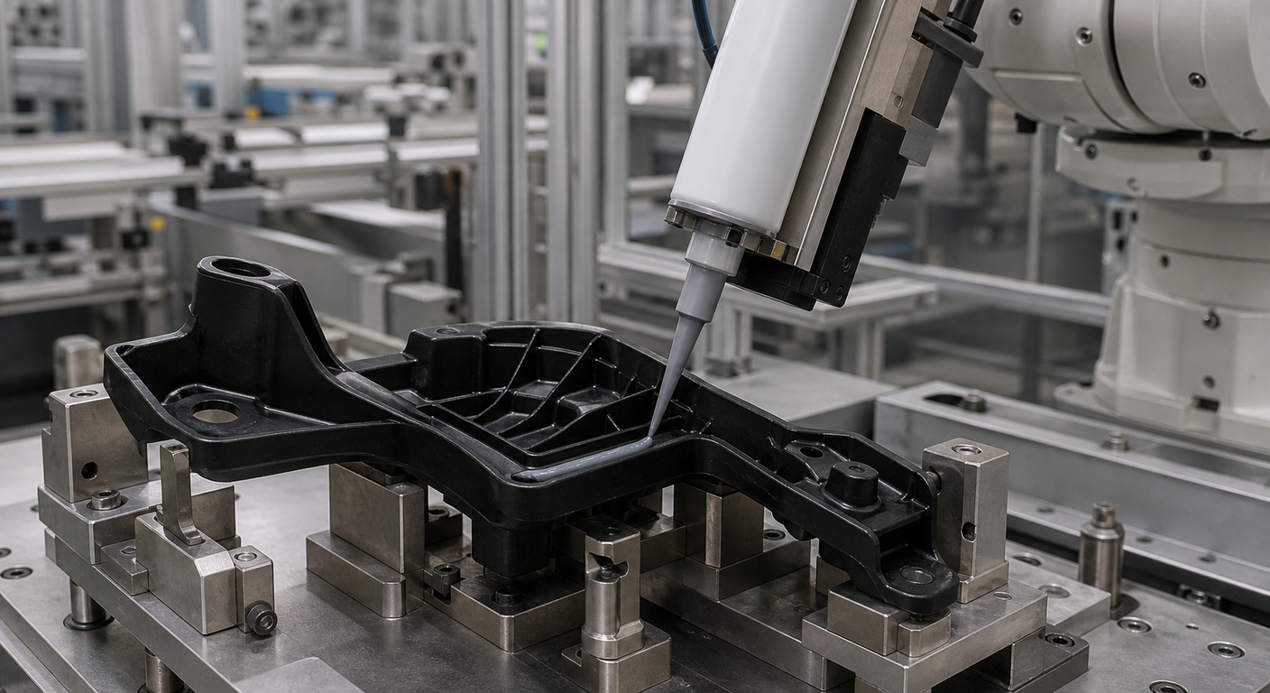 Unbranded robotic dispenser applying adhesive to a black automotive polymer bracket