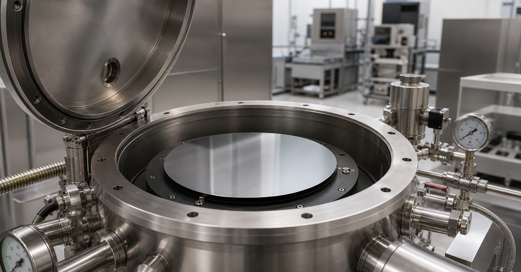 Silicon wafer on a stage inside an unbranded open stainless steel vacuum chamber