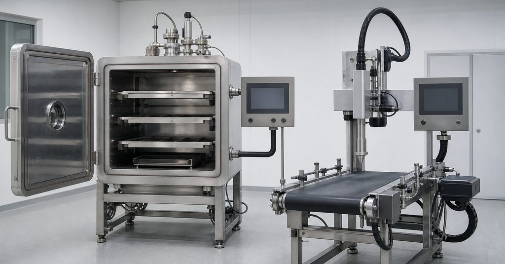 Open low-pressure vacuum chamber beside an atmospheric treatment conveyor in an empty laboratory