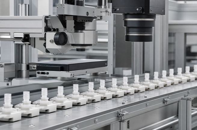 Automated unbranded microscope and vision system inspecting medical polymer components