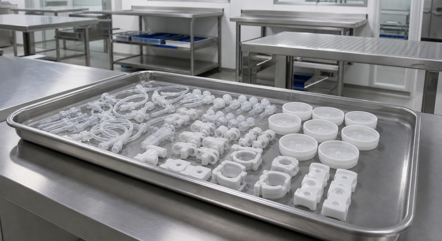 Plain medical polymer components and connectors arranged on a stainless-steel tray
