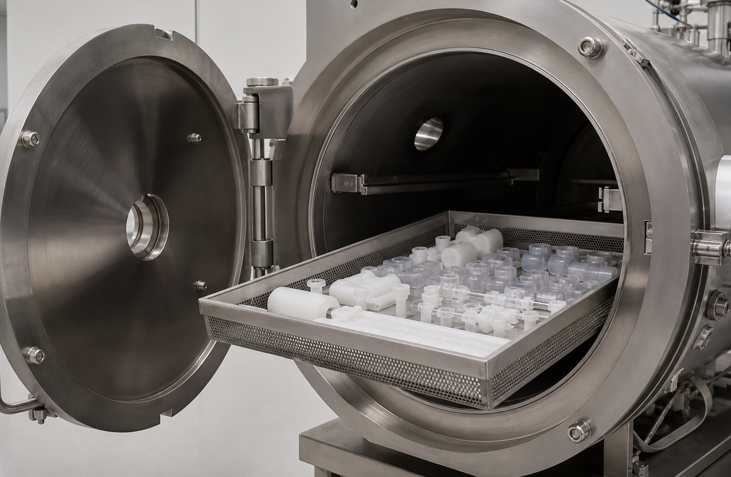 Machine with tray of medical parts inside