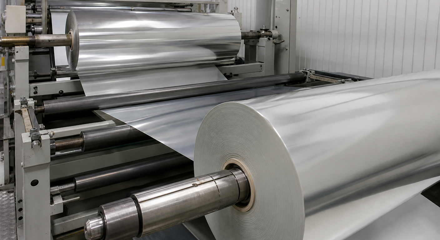 Large metallized BOPP film rolls moving through an unbranded converting line