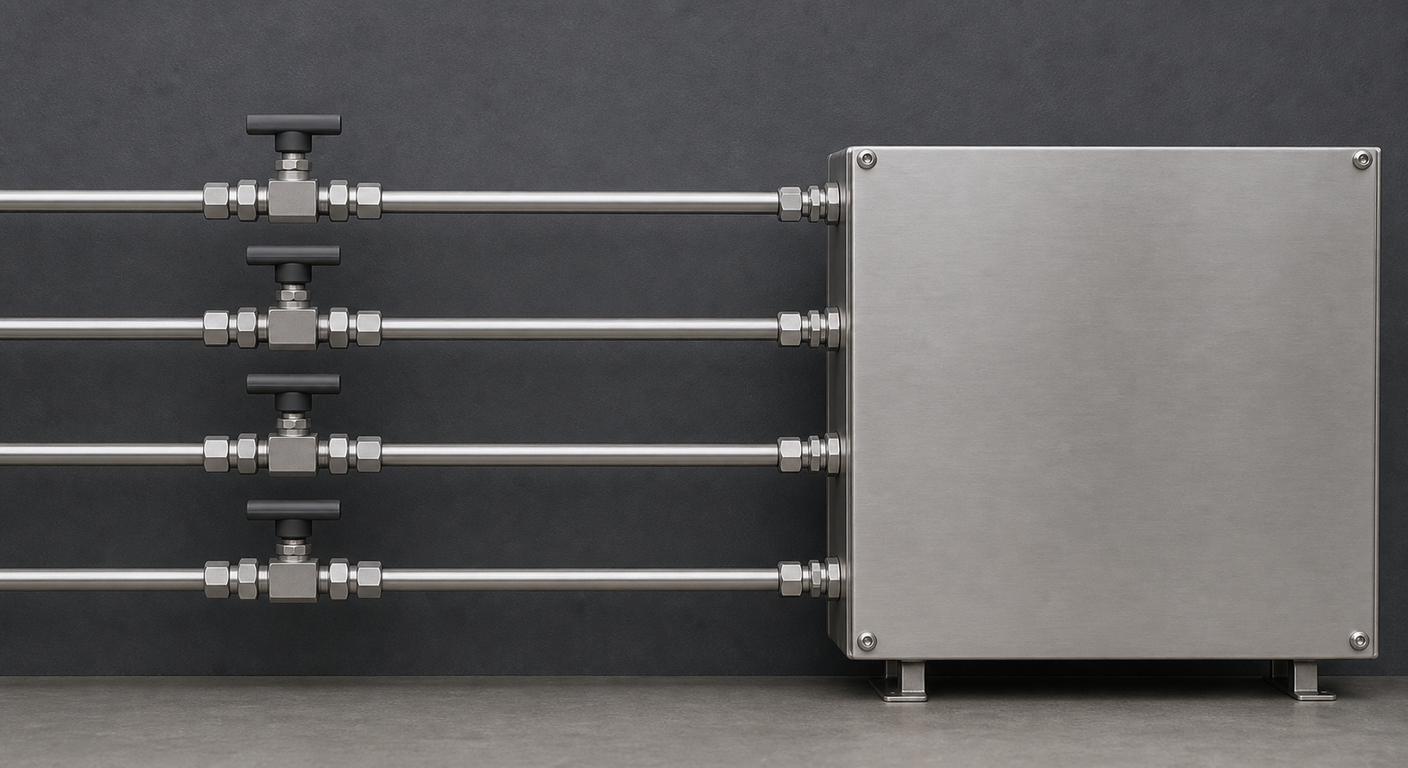 Four stainless steel pipes with valves connected to a metal box