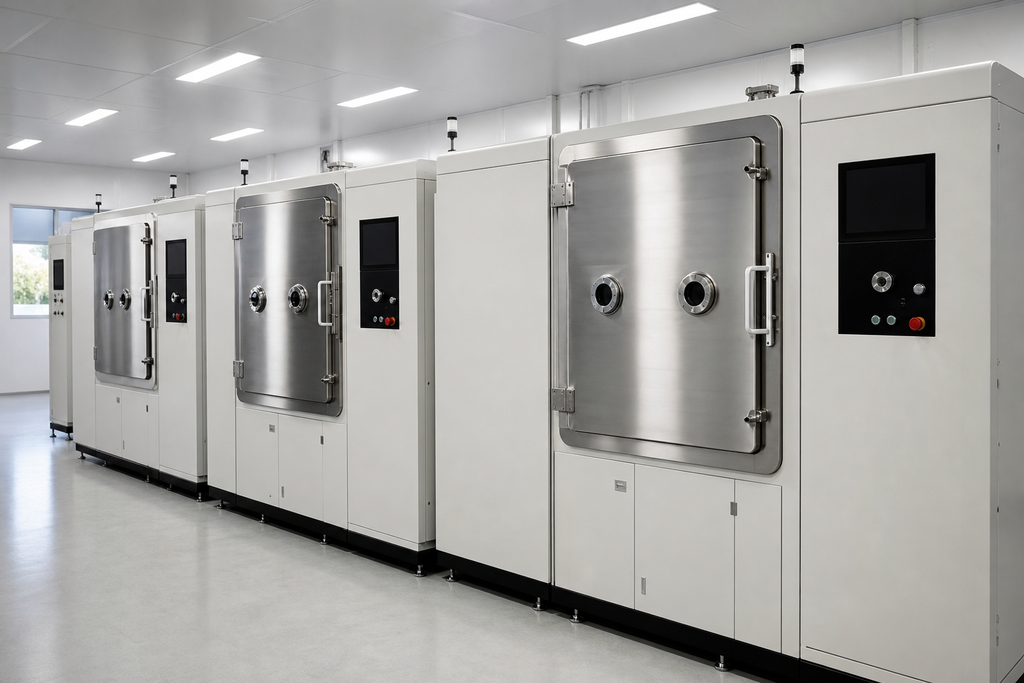 Row of unbranded vacuum surface-treatment systems in an empty clean manufacturing facility