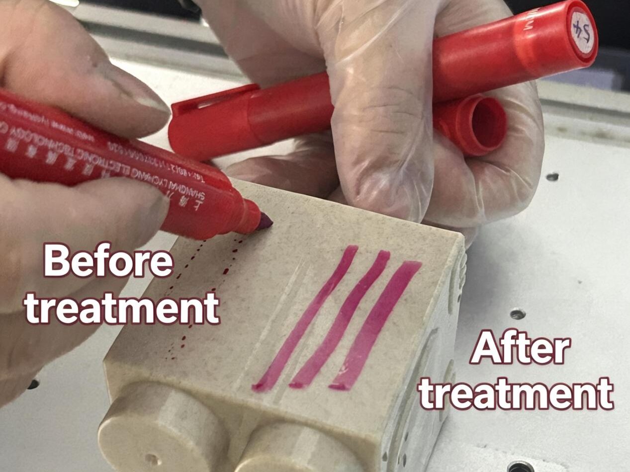 Dyne pen comparison before and after PP toy plasma treatment