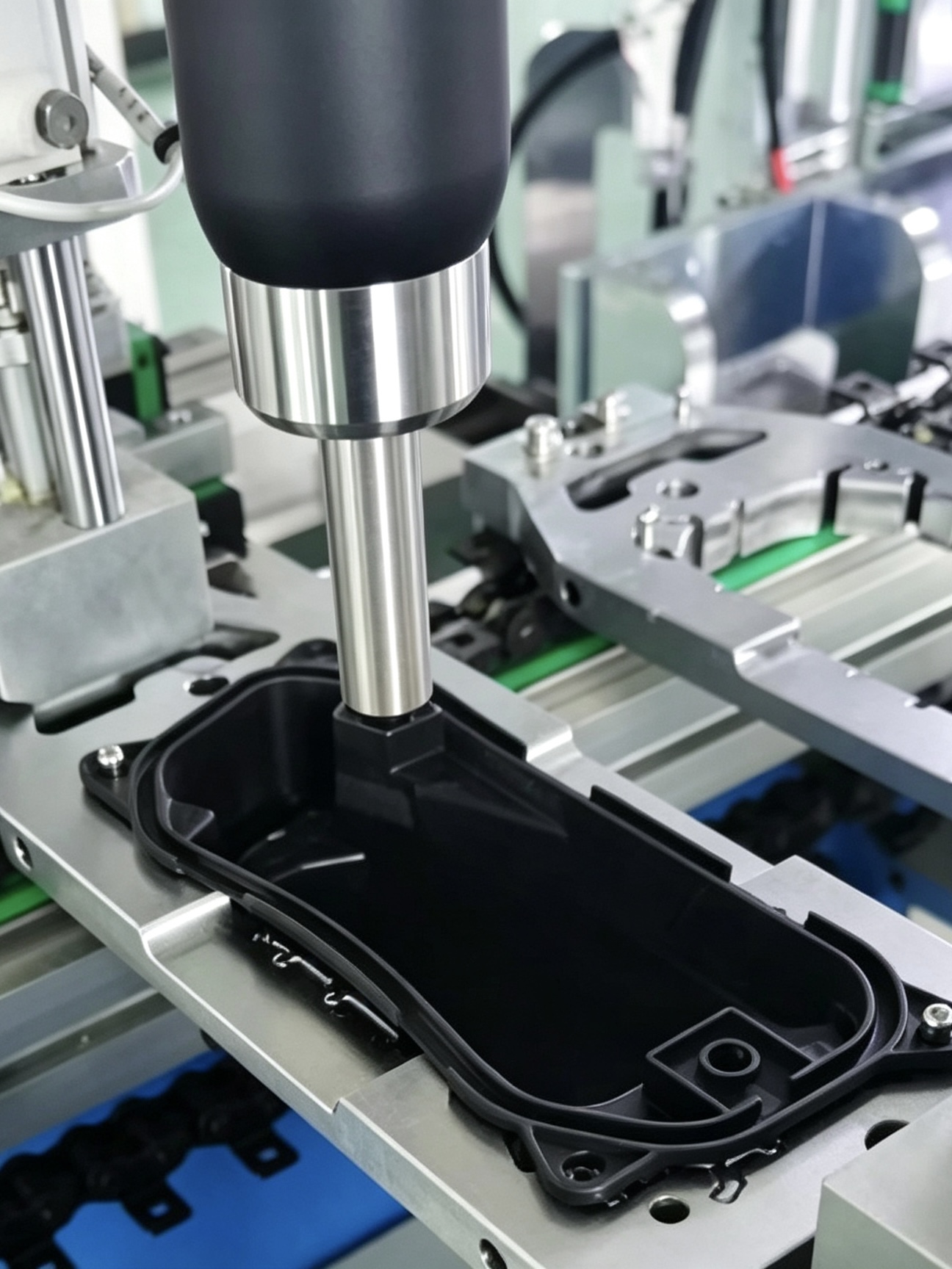 Inline plasma treatment head above an automotive plastic housing