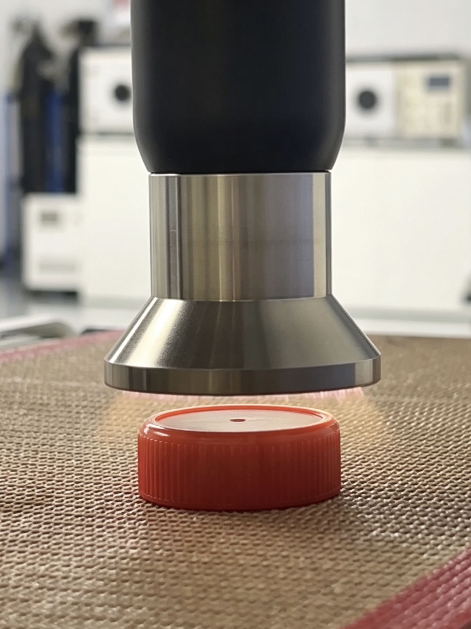 Plasma nozzle activating a plastic bottle cap before adhesive application