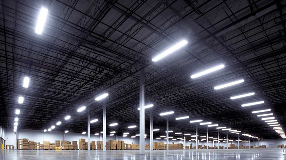 A spacious warehouse interior illuminated by bright LED lights, showcasing organized shelves and industrial architecture, optimized for storage and efficiency.