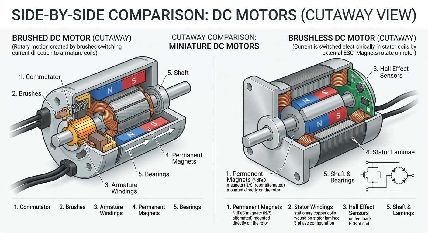 Cutaway view of miniature brushed and brushless DC motors showing internal structure
