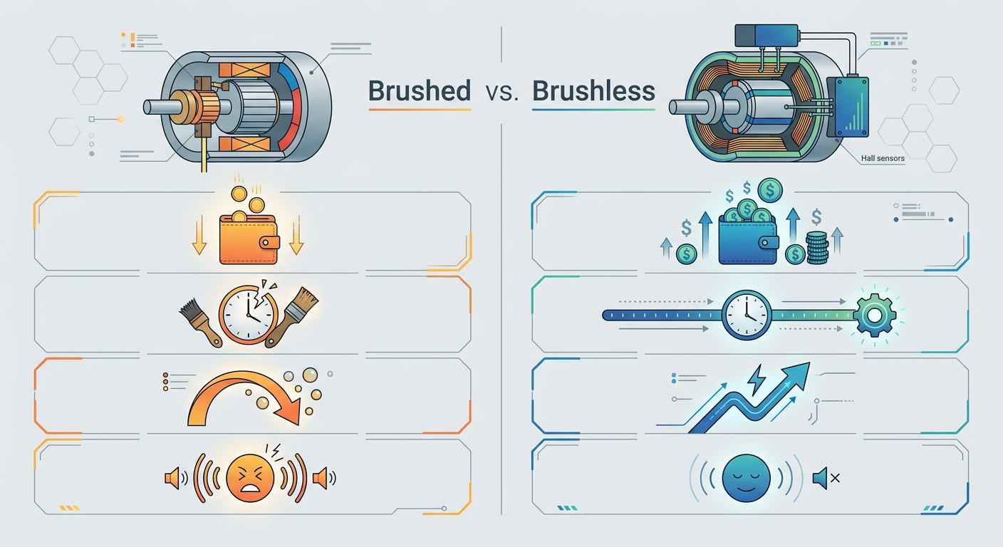 Infographic comparing brushed and brushless DC motor performance metrics