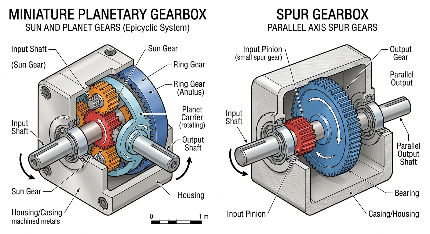 Cutaway diagram comparing planetary and spur gearbox internal structure