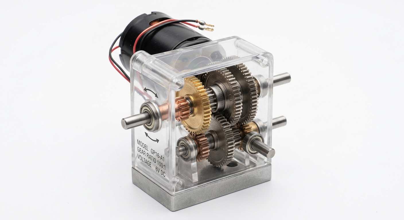 Miniature spur gear motor showing internal stacked gears