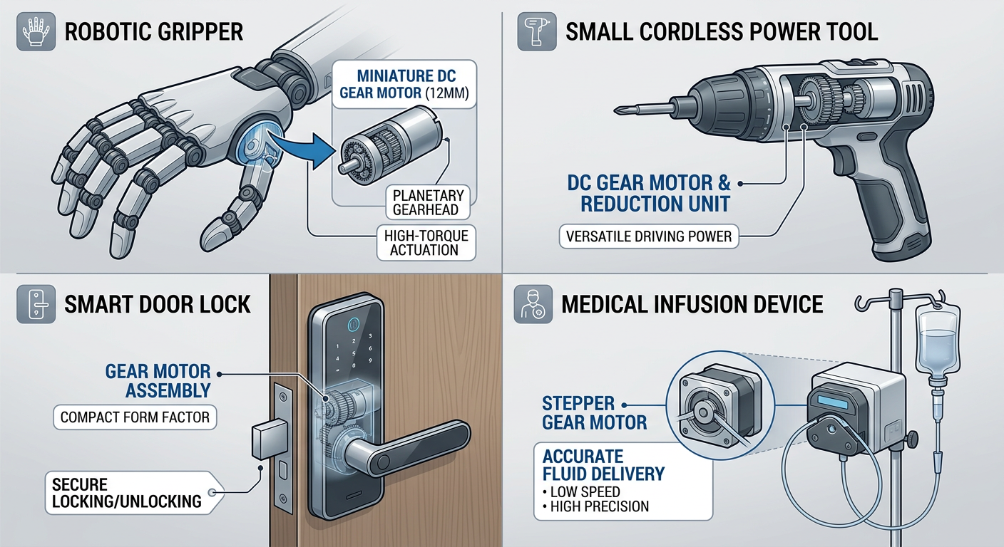 Compact gear motor applications across robotics, smart home, power tools, and medical devices