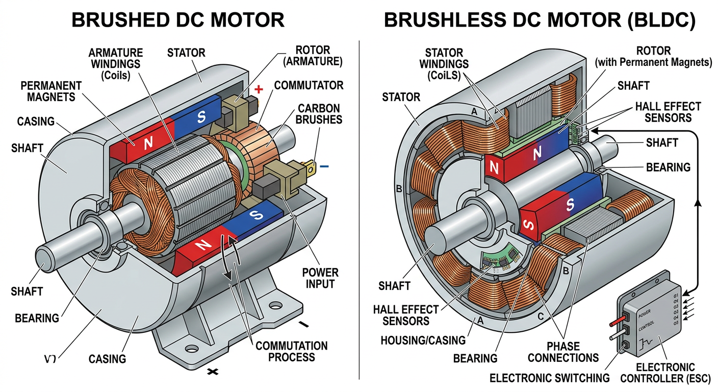 Cutaway diagram showing internal structure of brushed and brushless DC motors
