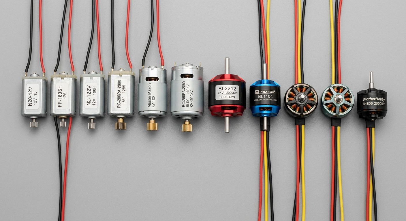 Miniature DC and BLDC motors arranged for size comparison