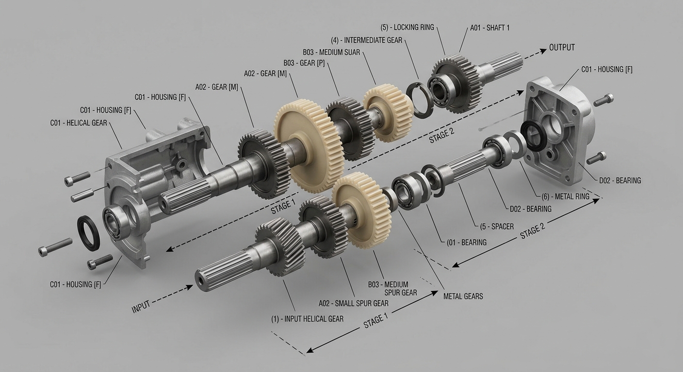 Exploded view of a compact multi-stage spur gearbox