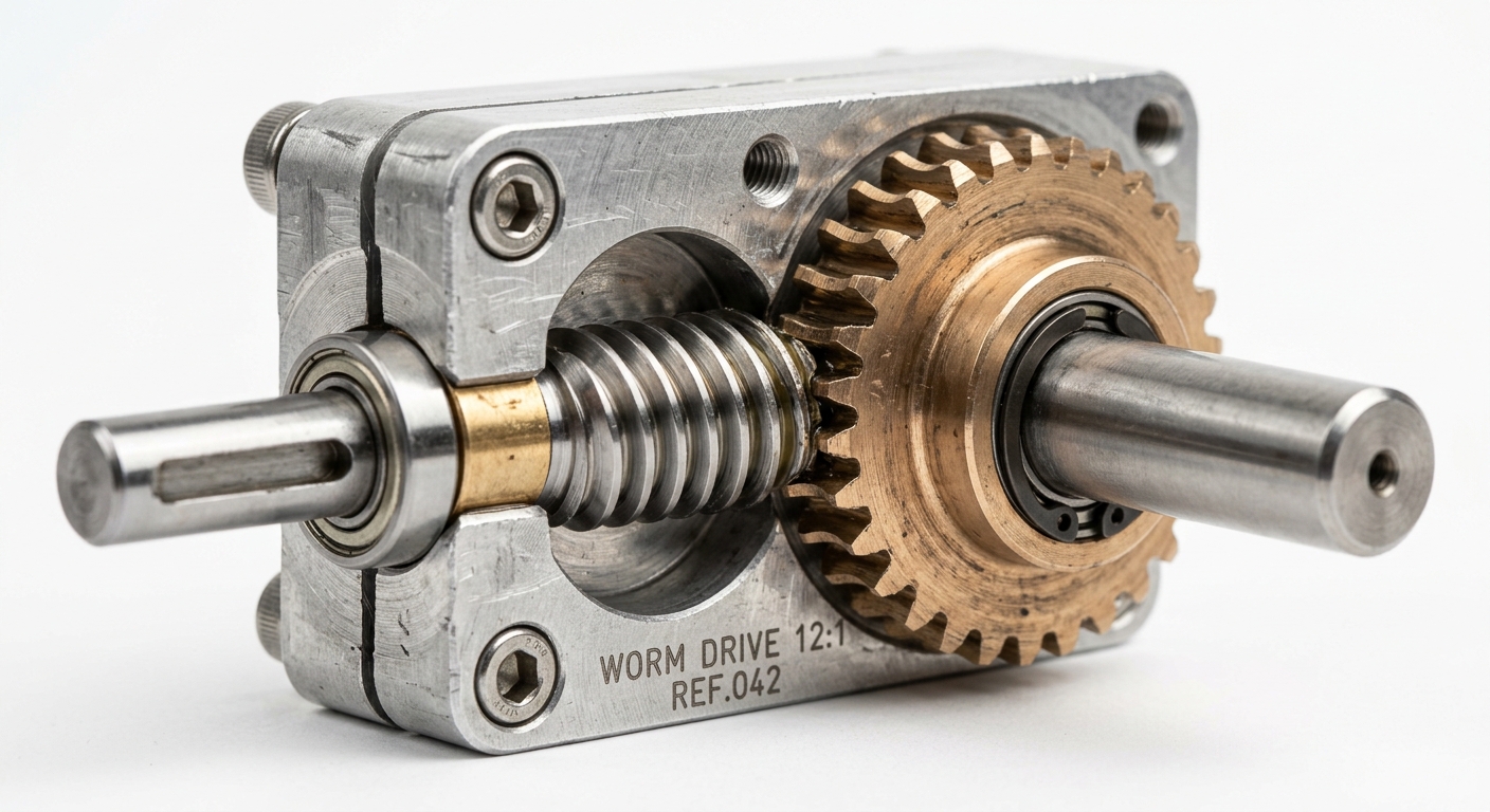 Close-up of a miniature worm gear and worm wheel inside a compact housing