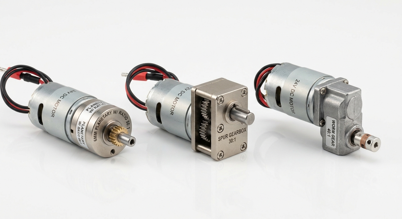 Side-by-side size comparison of planetary, spur, and worm gear motors
