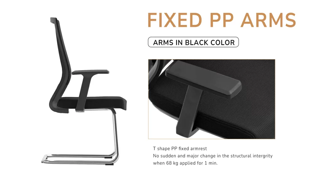 Office chair with integrated T-shaped fixed armrests.
