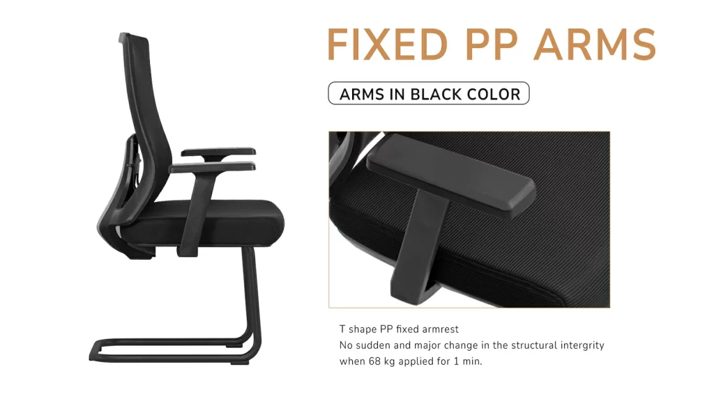 Office chair with fixed T-shaped armrests.