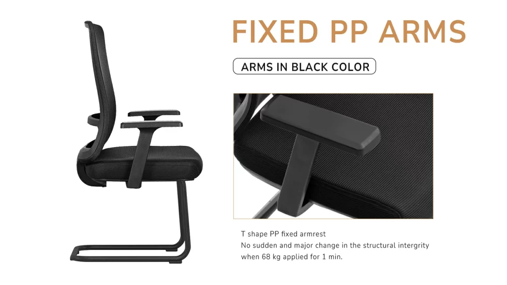 Office chair with integrated T-shaped fixed armrests.