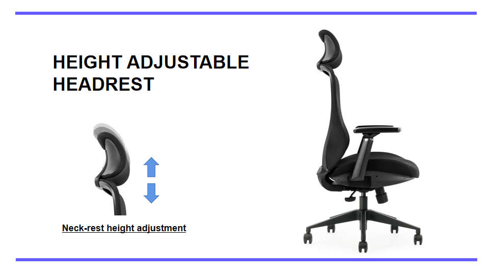 Office chair with height- and angle-adjustable headrest.