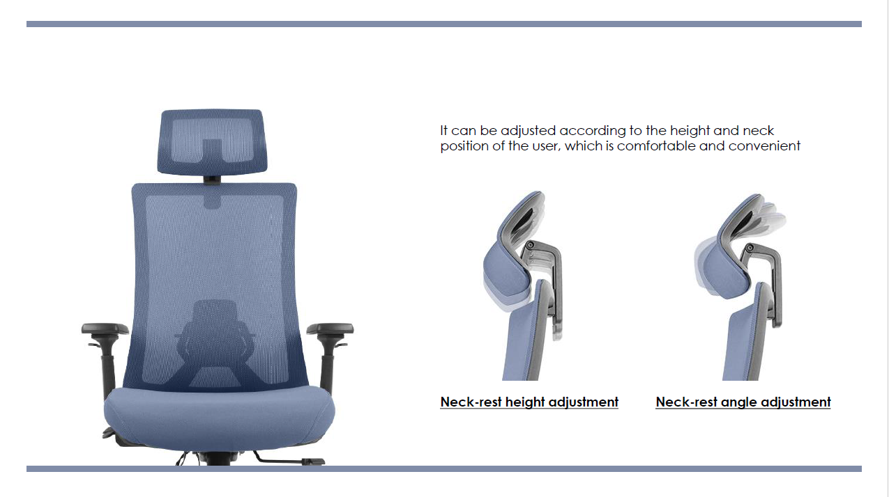 Office chair with adjustable headrest (height and tilt).