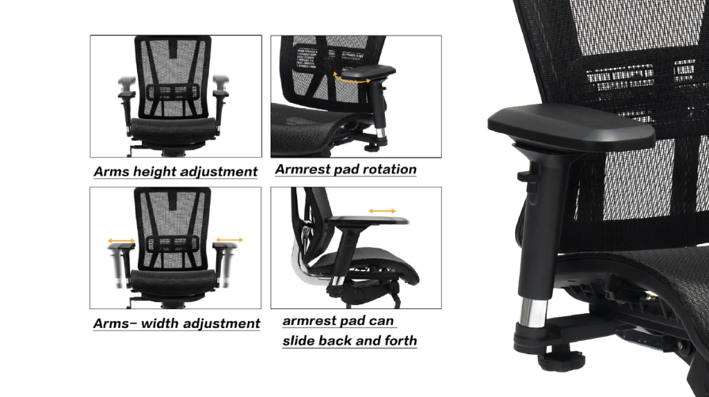Chair with 4D adjustable armrests for natural arm positioning.